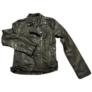 FOREVER 21 Womens S/P Black Biker Faux Leather Jacket Coat Belt Zipper Pockets